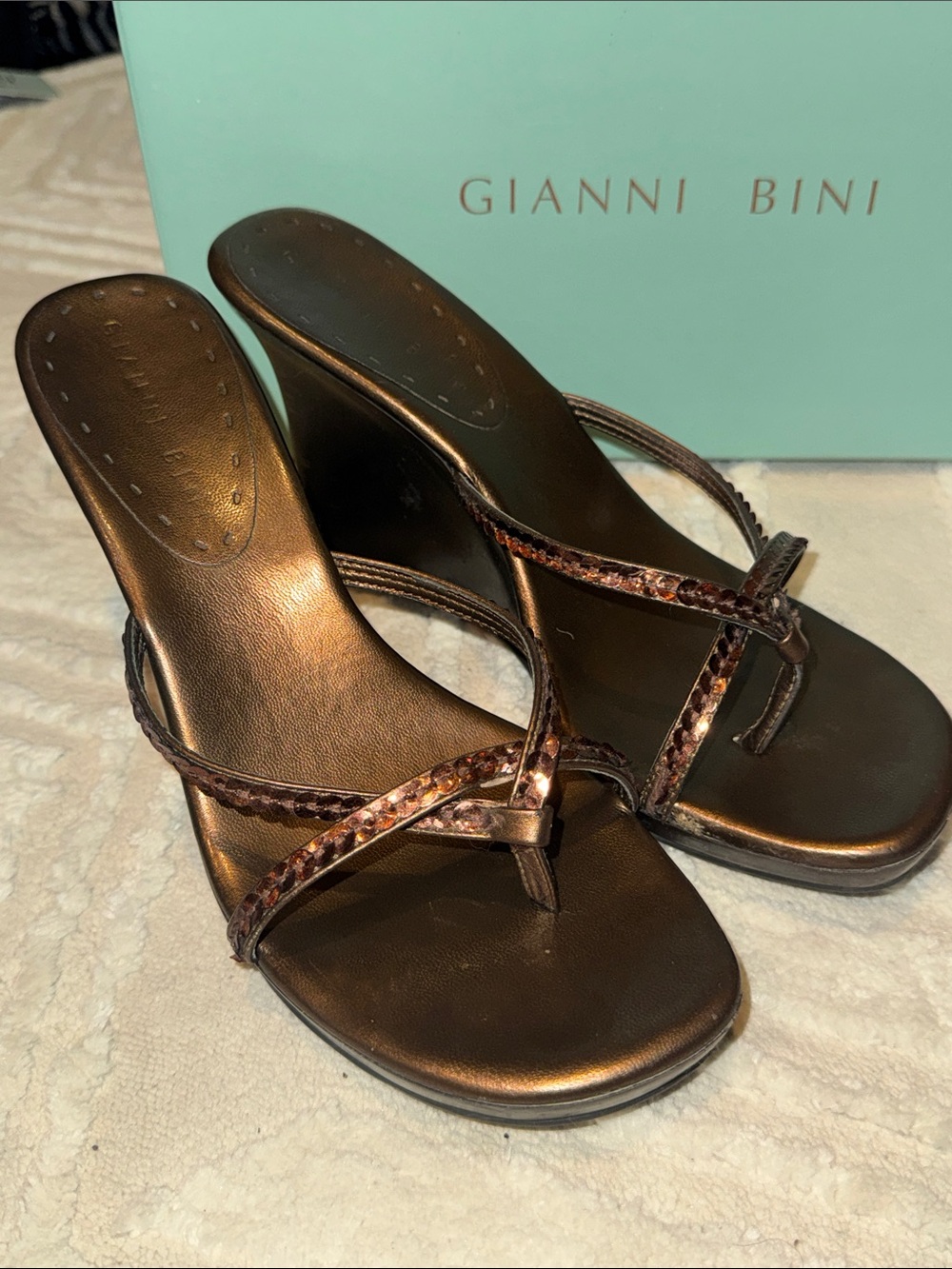 Gianni Bini Bronze Metallic Thong Wedge Sandals with Snakeskin-Trim